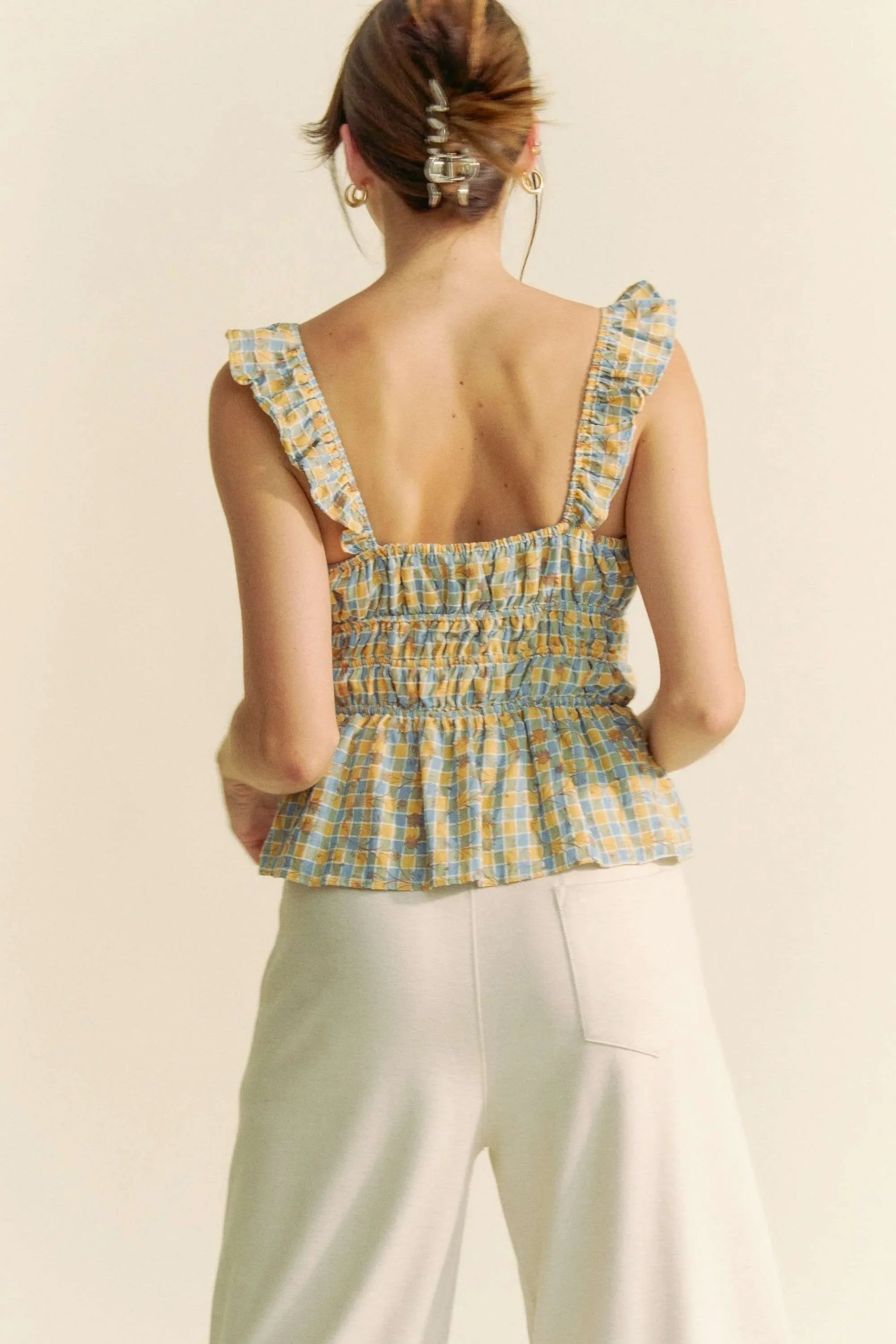 Plaid Ruffled Strap Smocked Sleeveless Top - Eva's Edition