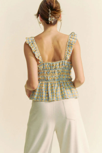 Plaid Ruffled Strap Smocked Sleeveless Top - Eva's Edition