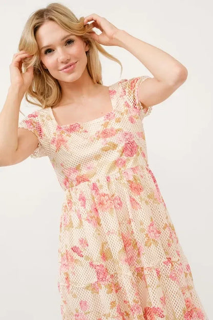 Square Neck Tiered Floral Fishnet Dress - Eva's Edition