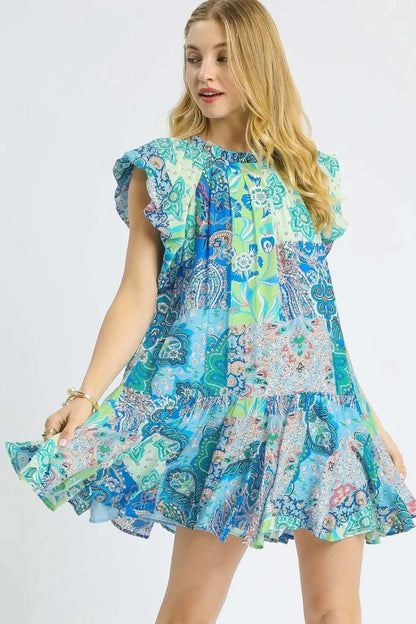 Printed Ruffle Cap Sleeve Mini Dress - Eva's Edition