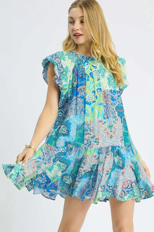 Printed Ruffle Cap Sleeve Mini Dress - Eva's Edition