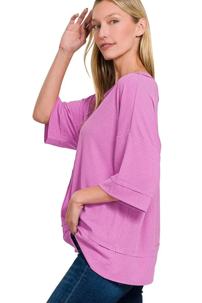 Ribbed Boat Neck 3/4 Sleeve Top - Eva's Edition