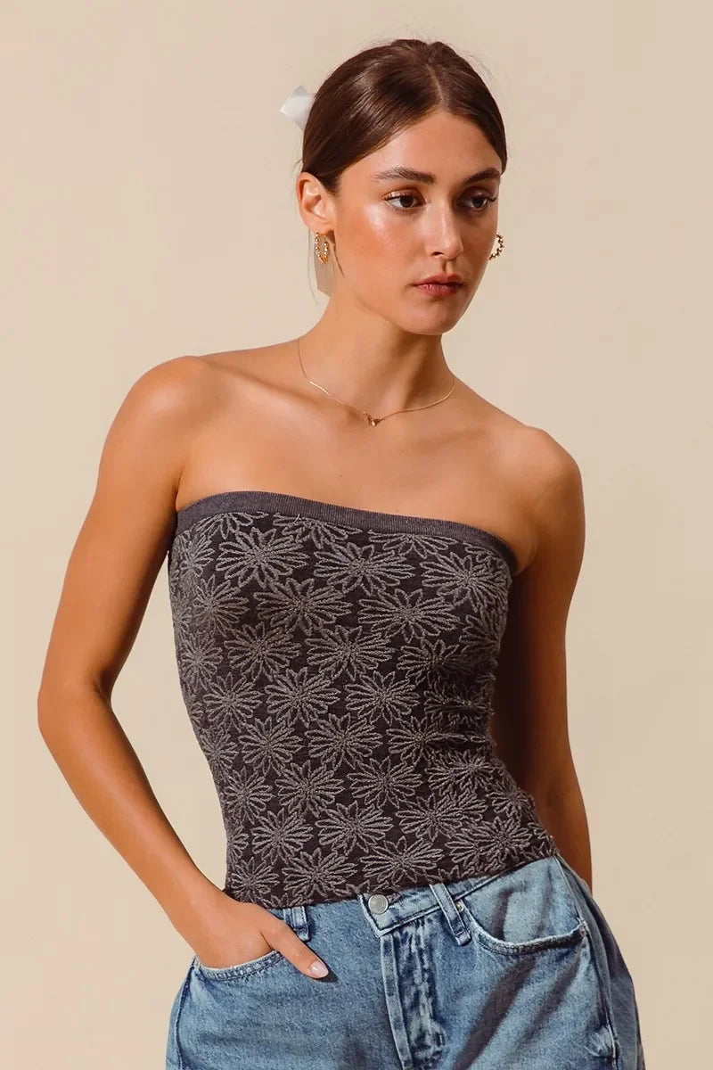 Jacquard Floral Two Tone Seamless Tube Top - Eva's Edition