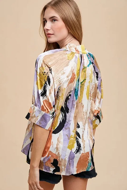 Multi Color Printed V-Neck Open Woven Blouse Top - Eva's Edition