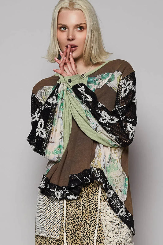 Button Detail Floral Patchwork Crochet Sleeve Blouse - Eva's Edition