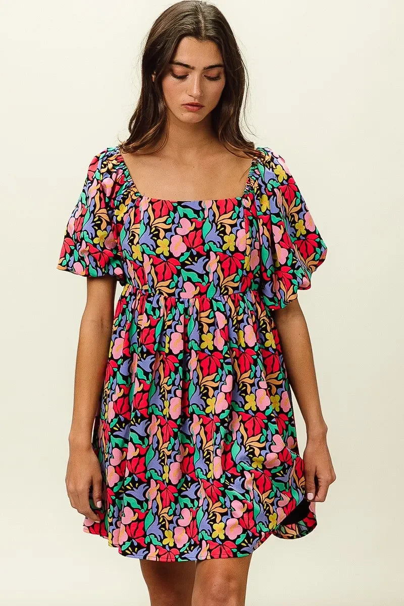 Floral Print Puff Square Neck Dress - Eva's Edition