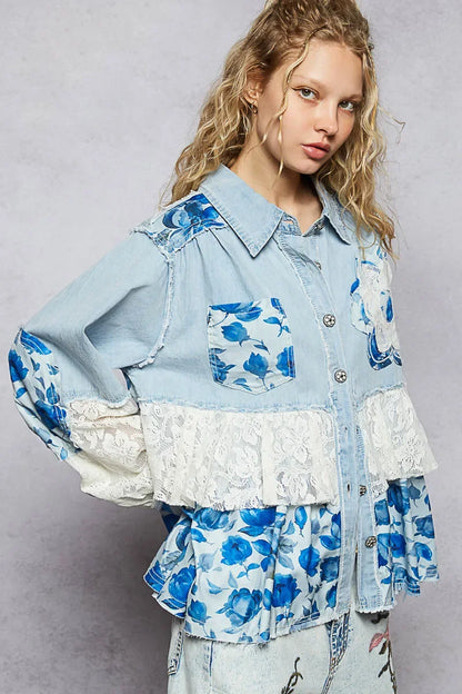 Floral Patchwork Denim Shirt with Lace Trim Details - Eva's Edition