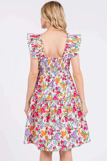 Flower Print Ruffle Shoulder A-line Mini Dress - Eva's Edition