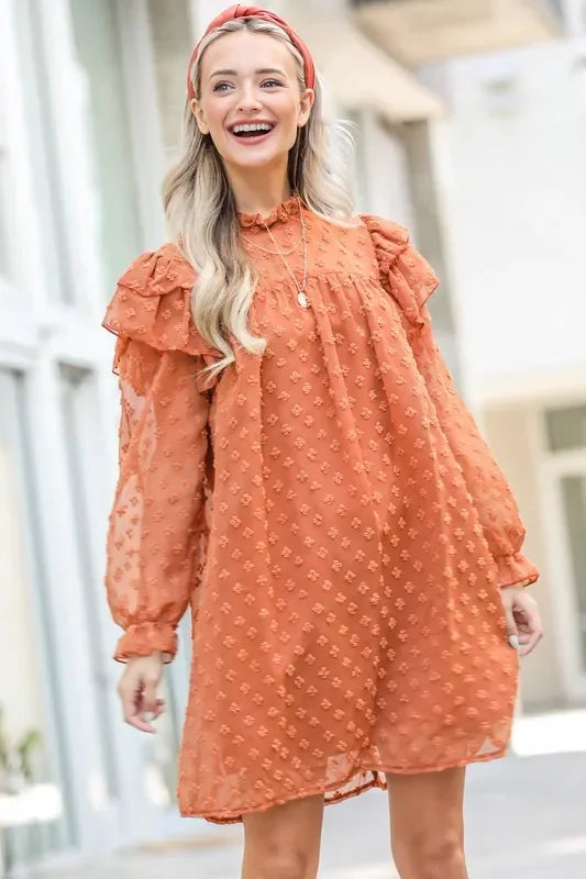 Lovely Ruffle Shoulder with Textured Woven Dress - Eva's Edition