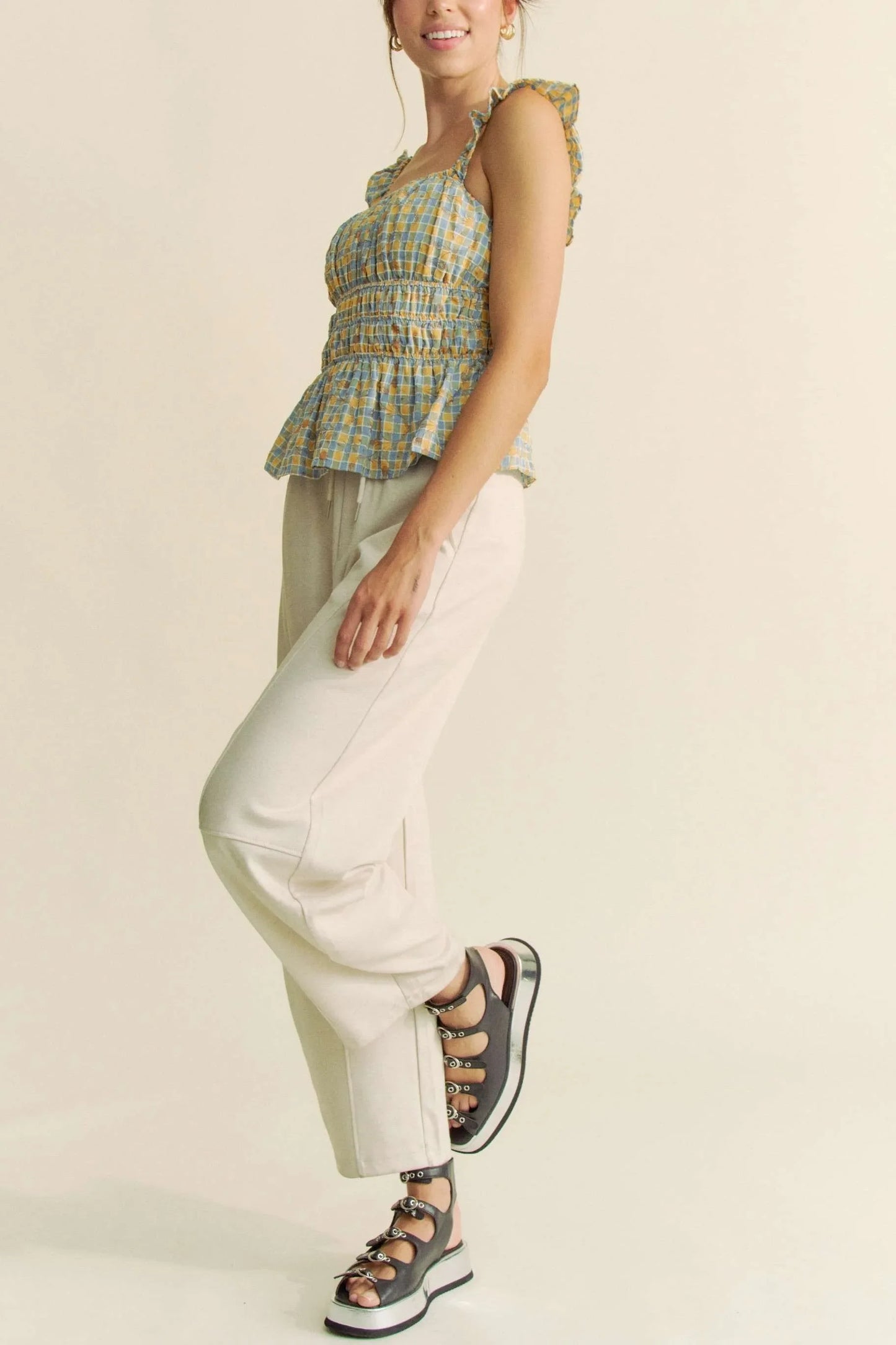Plaid Ruffled Strap Smocked Sleeveless Top - Eva's Edition