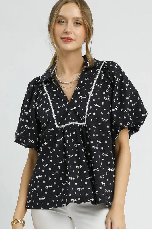 Bow Print Puff Sleeve Blouse - Eva's Edition