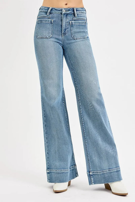High Rise Wide Flare Patch Pocket Jeans Plus Size - Eva's Edition