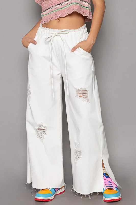 Drawstring Slit Wide leg Pants - Eva's Edition