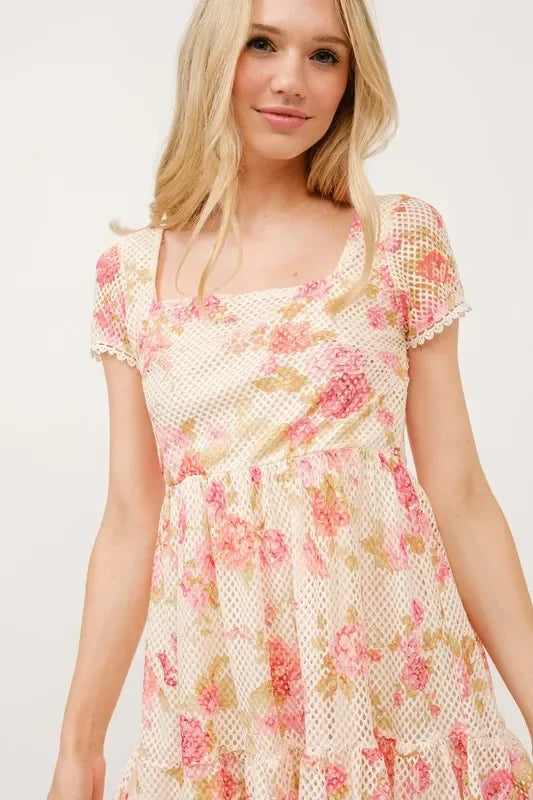 Square Neck Tiered Floral Fishnet Dress - Eva's Edition