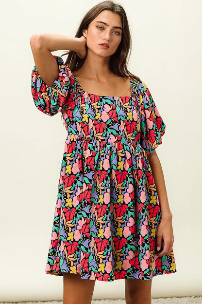Floral Print Puff Square Neck Dress - Eva's Edition