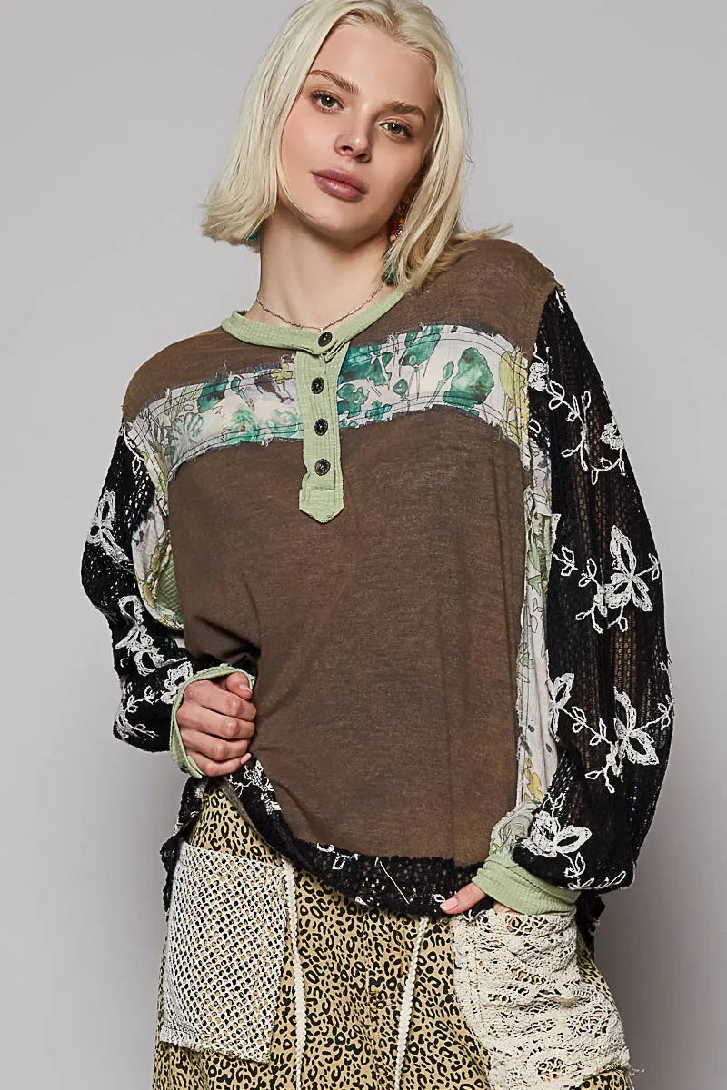Button Detail Floral Patchwork Crochet Sleeve Blouse - Eva's Edition