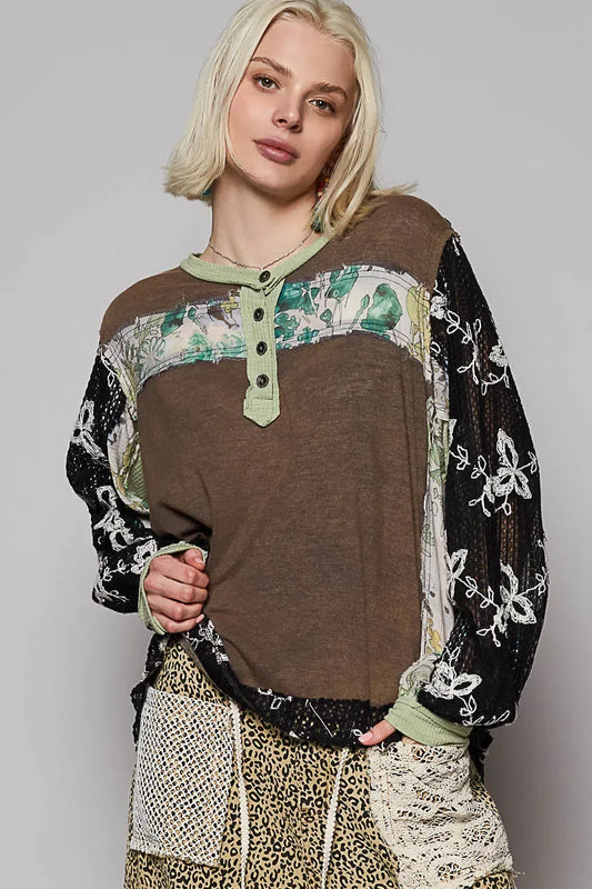 Button Detail Floral Patchwork Crochet Sleeve Blouse - Eva's Edition