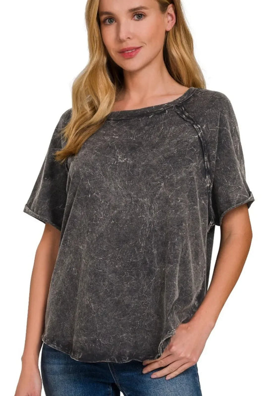 Back Patch Crinkle Washed Raglan Sleeve T-Shirts - Eva's Edition