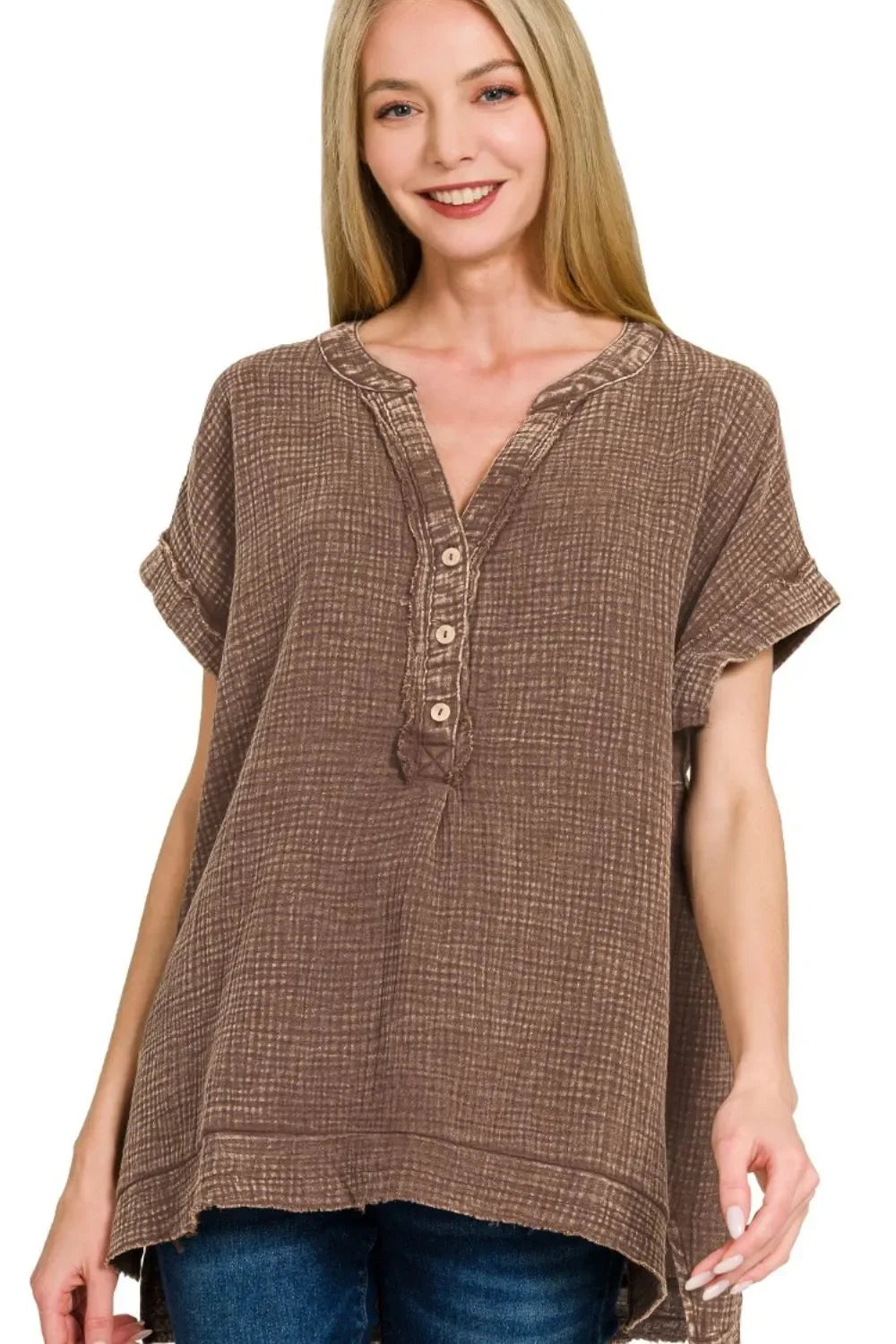 Washed Double Gauze 3/4 Button Henley Neck Shirt - Eva's Edition