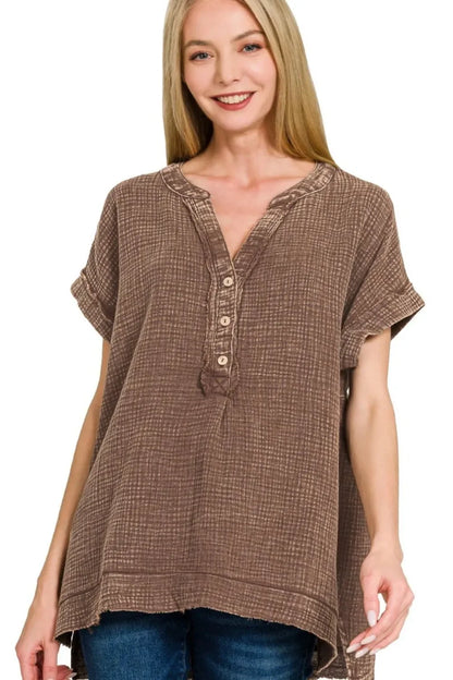 Washed Double Gauze 3/4 Button Henley Neck Shirt - Eva's Edition