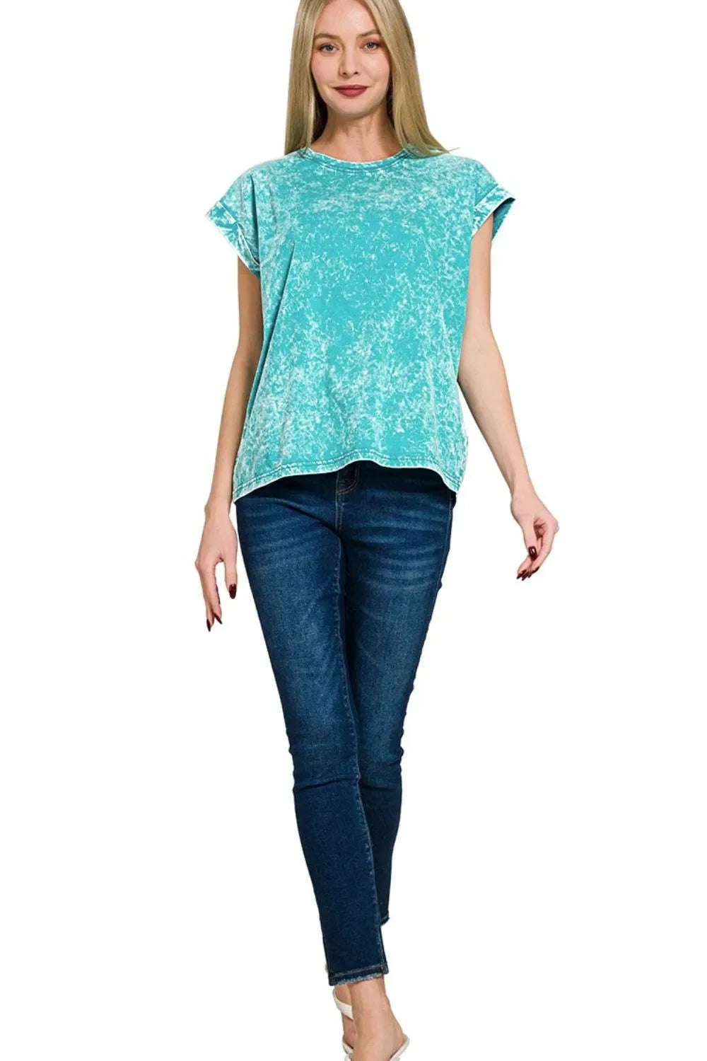 Crinkle Washed Round Neck Folded Short Sleeve Tee - Eva's Edition