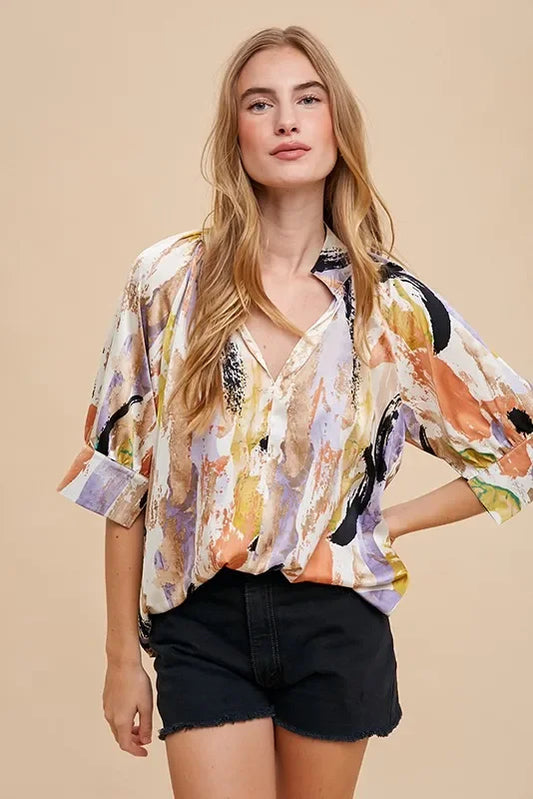 Multi Color Printed V-Neck Open Woven Blouse Top - Eva's Edition