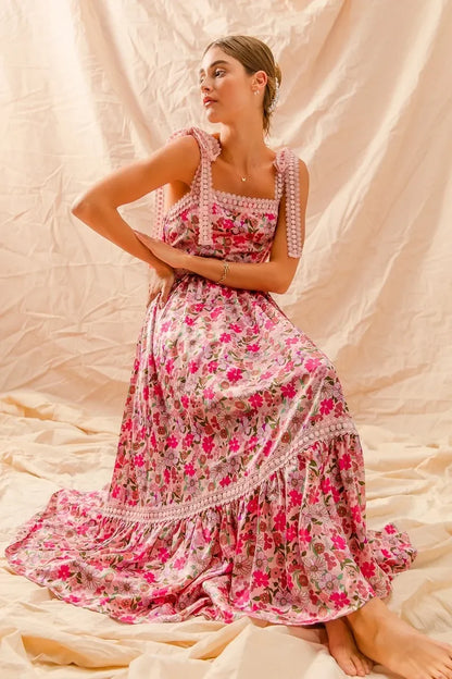 Floral Maxi Dress With Ribbon Tie Lace Strap - Eva's Edition