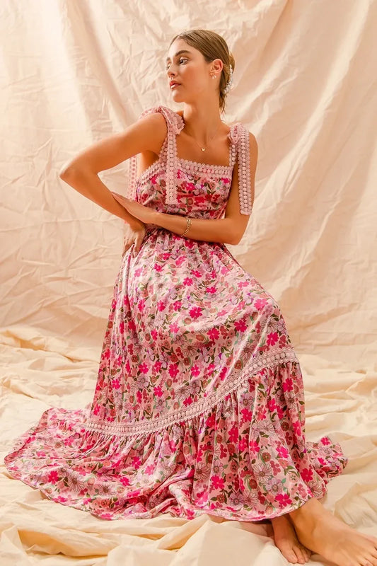 Floral Maxi Dress With Ribbon Tie Lace Strap - Eva's Edition