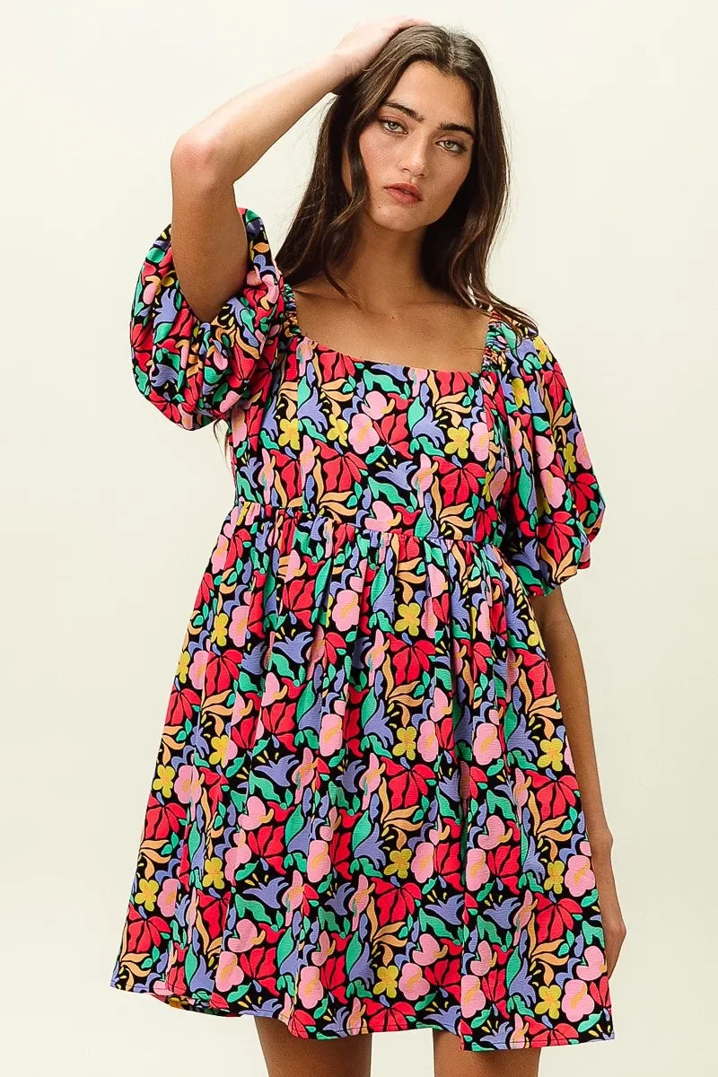 Floral Print Puff Square Neck Dress - Eva's Edition