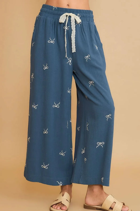 Lace Drawstring Embroidered Bow Wide Leg Pants Plus Size - Eva's Edition
