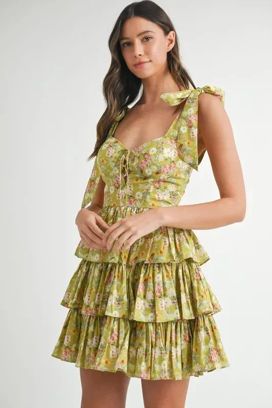 Floral Print Shoulder Tie Layered Mini Dress - Eva's Edition