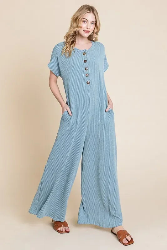 Rib Knit Jumpsuit with Button Detail - Eva's Edition