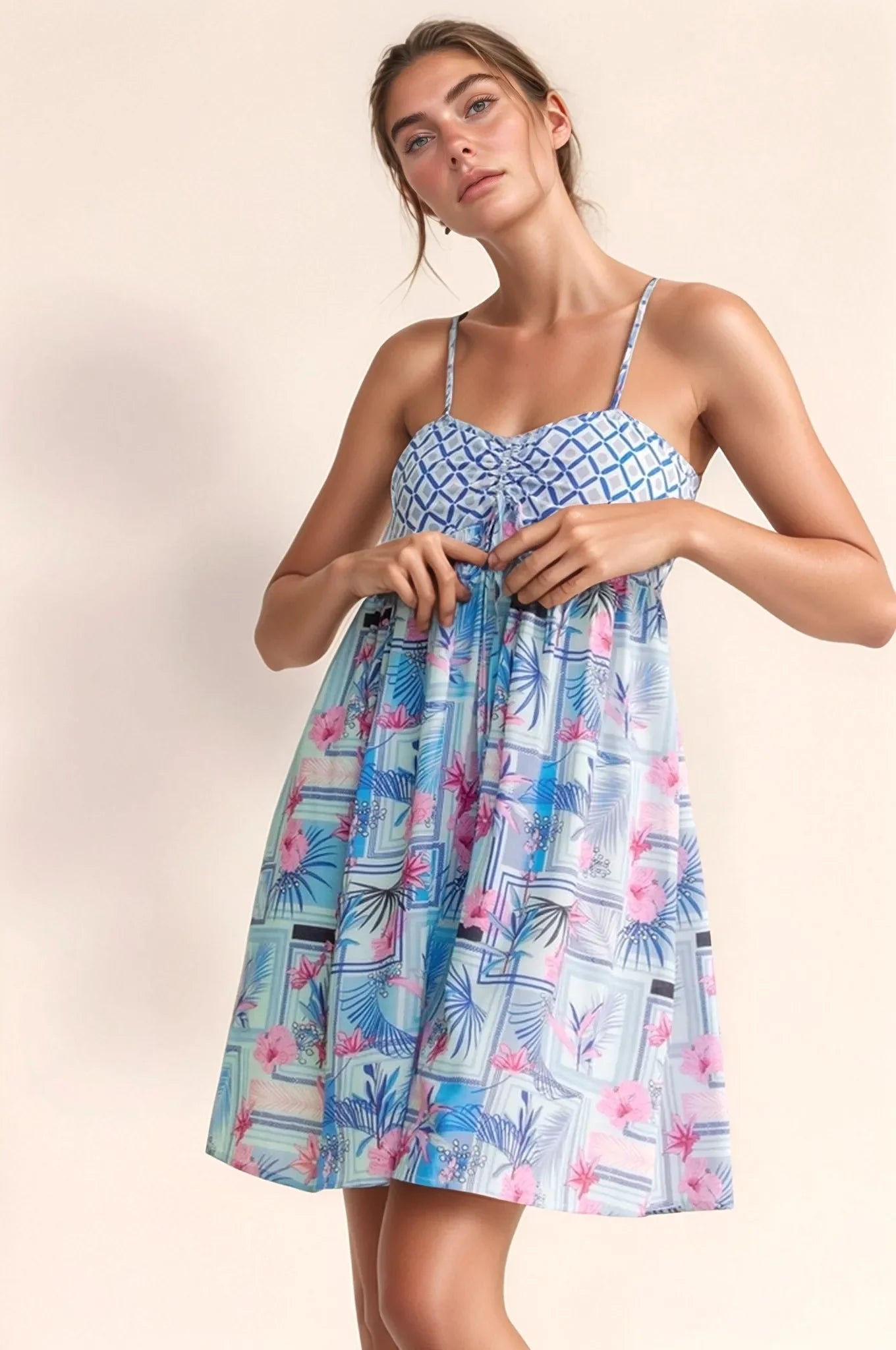 Tropical Floral Geo Print Tie Back Tube Top Romper - Eva's Edition