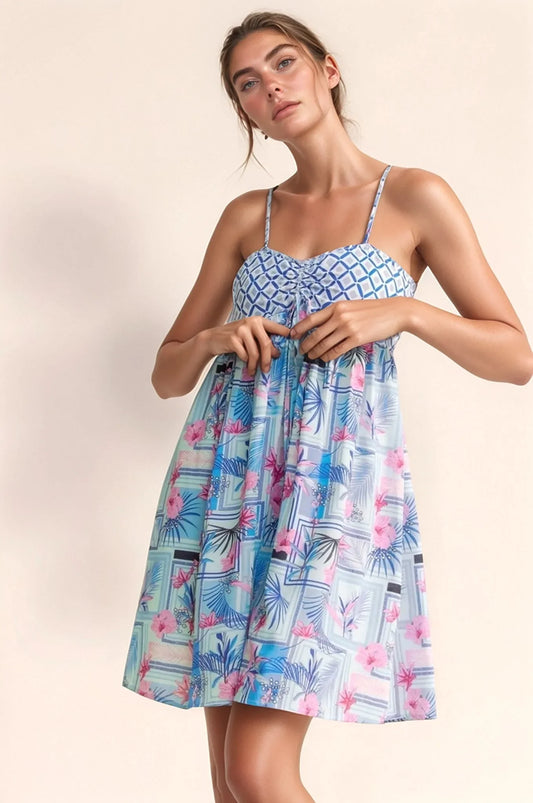 Tropical Floral Geo Print Tie Back Tube Top Romper - Eva's Edition
