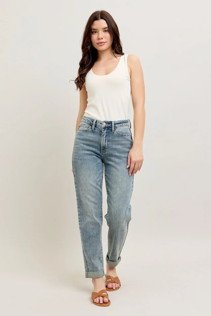 Vintage Wash Double Roll Cuff Bf Jeans Plus Size - Eva's Edition
