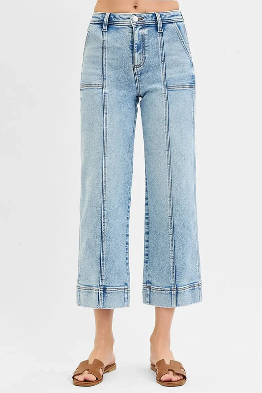 High Rise Crop Wide Front Seam Detailed Jeans Plus Size - Eva's Edition
