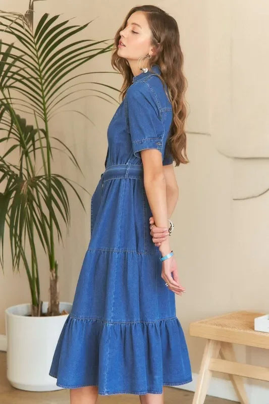 Tiered Button Down Tie Waist Short Sleeve Denim Dress - Eva's Edition