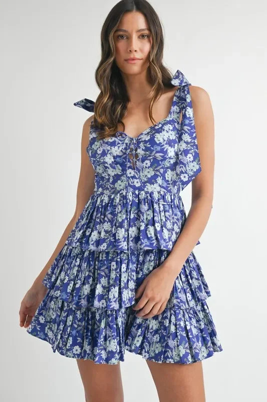 Floral Print Shoulder Tie Layered Mini Dress - Eva's Edition