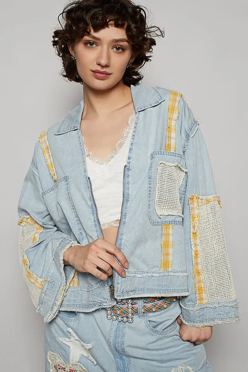 POL Raw Hem Zip Up Denim Jacket with Plaid and Crochet Patch - Eva's Edition