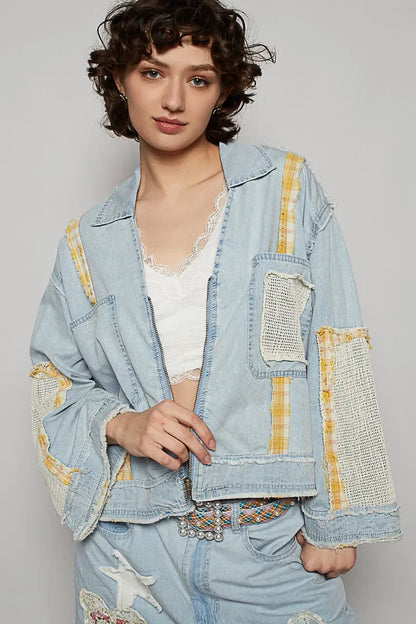 POL Raw Hem Zip Up Denim Jacket with Plaid and Crochet Patch - Eva's Edition