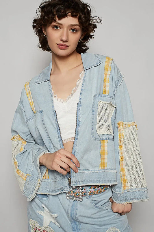 POL Raw Hem Zip Up Denim Jacket with Plaid and Crochet Patch - Eva's Edition