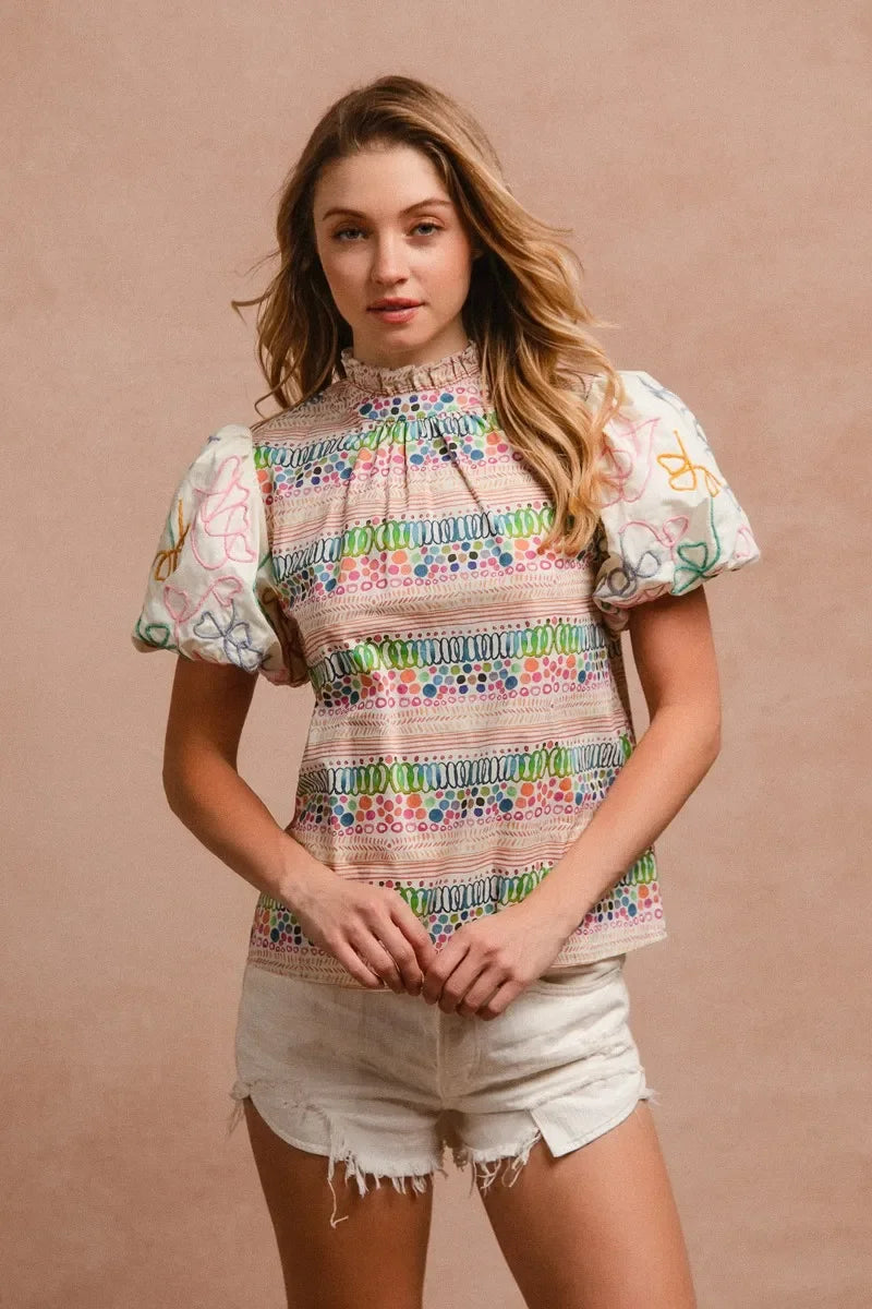 Ruffle Neckline Blouse with Embroidery Bubble Sleeve - Eva's Edition