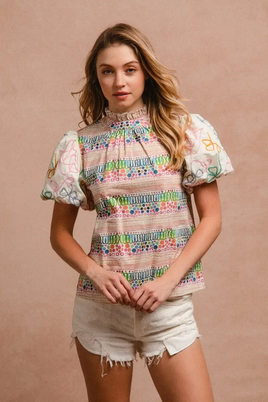 Ruffle Neckline Blouse with Embroidery Bubble Sleeve - Eva's Edition