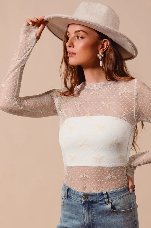 Bow Ribbon Pattern Sheer Lace Top - Eva's Edition
