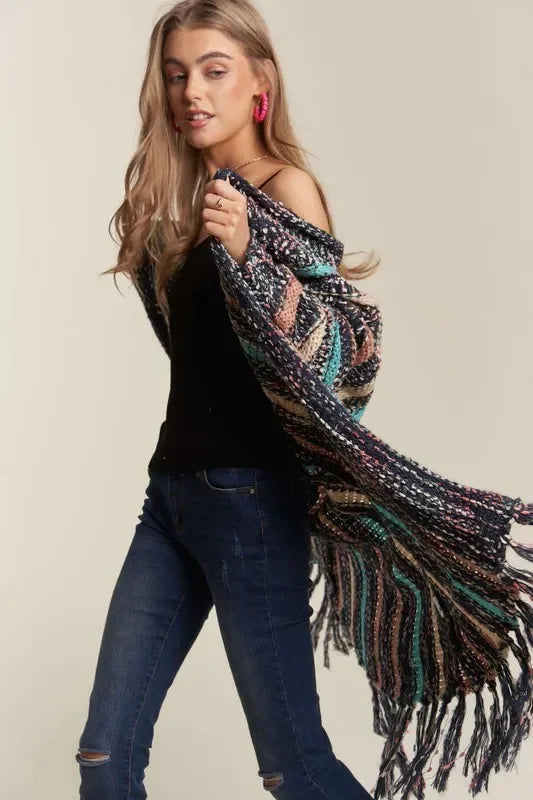 Multi Colour Sweater Long Cardigan with Fringes - Eva's Edition