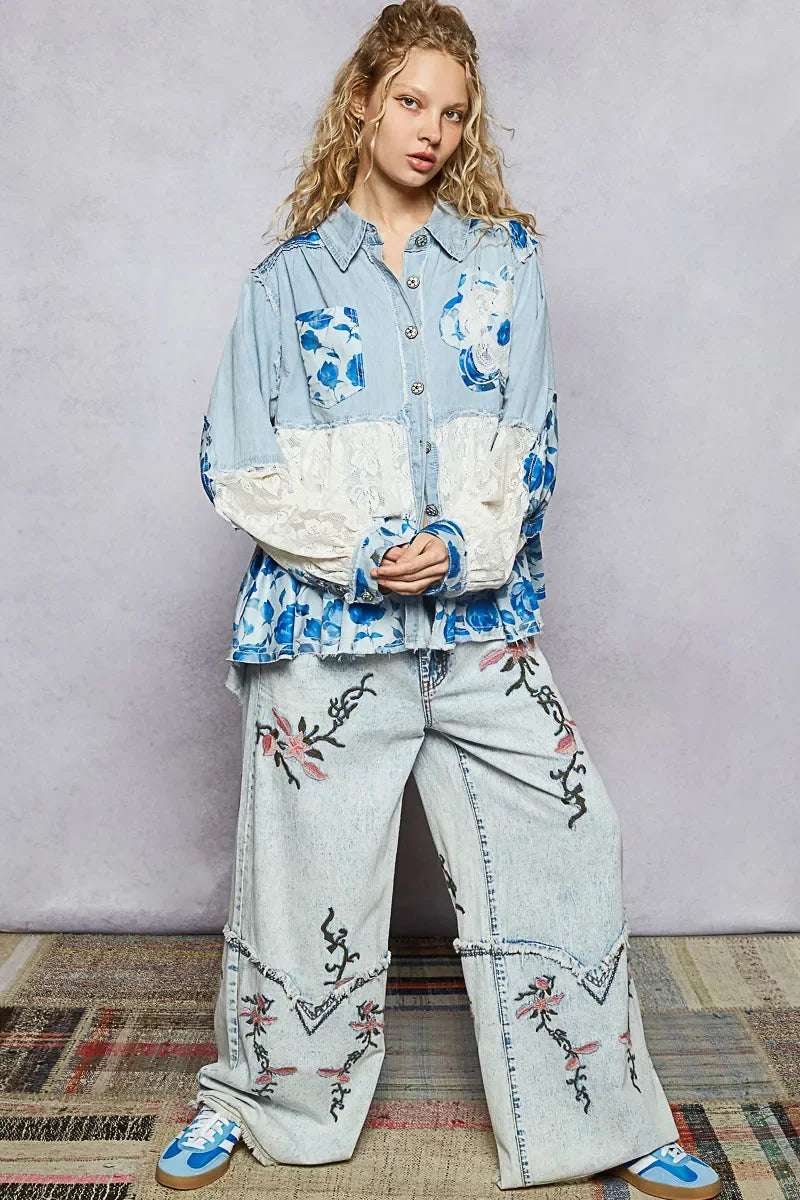 Floral Patchwork Denim Shirt with Lace Trim Details - Eva's Edition