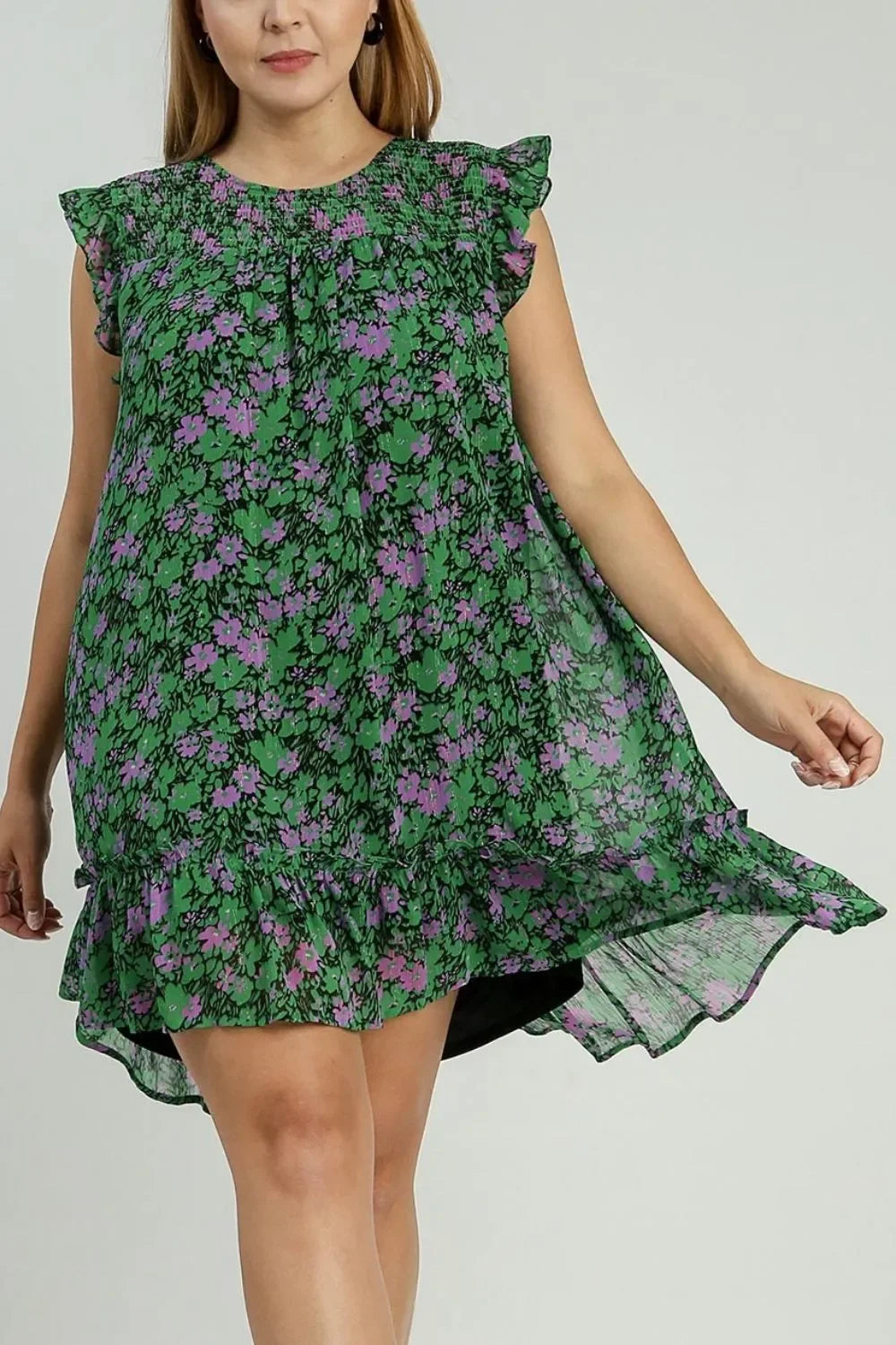 Smocked Detail Floral Metallic Ruffle Cap Sleeve Dress Plus Size - Eva's Edition
