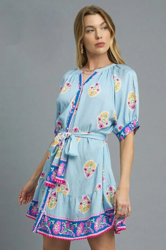 Floral Print Tie Waist Short Sleeve Dress - Eva's Edition