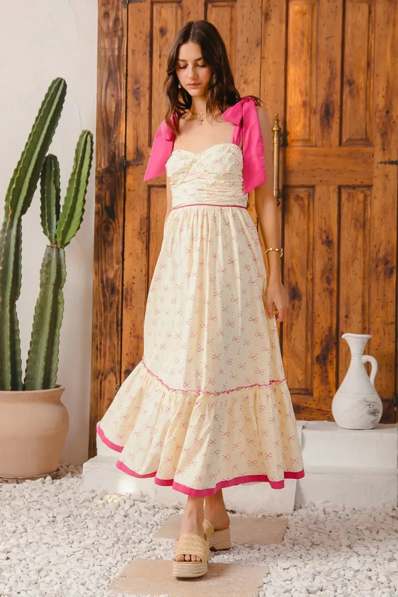 Ribbon Flowy Maxi Dress with Contrast Trim - Eva's Edition