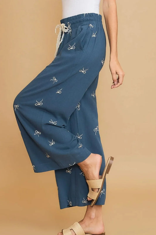 Lace Drawstring Embroidered Bow Wide Leg Pants Plus Size - Eva's Edition